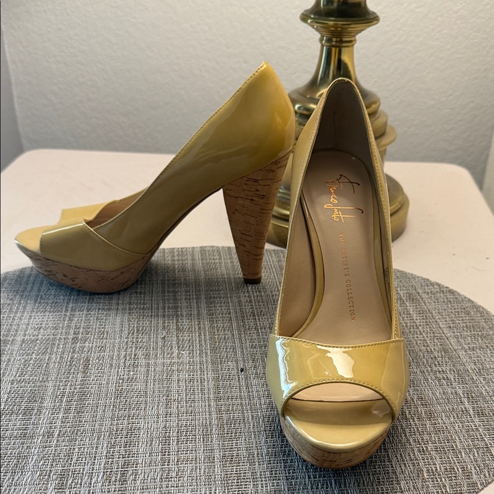 Franco Sarto Yellow Patent Cork Platform Peep Toe Heels